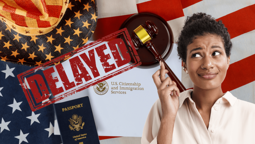 An image showcasing a frustrated woman looking thoughtful, with an immigration-themed backdrop including a gavel, a U.S. passport, the U.S. flag, and a 'DELAYED' stamp prominently displayed. The design conveys the challenges of immigration processing delays.