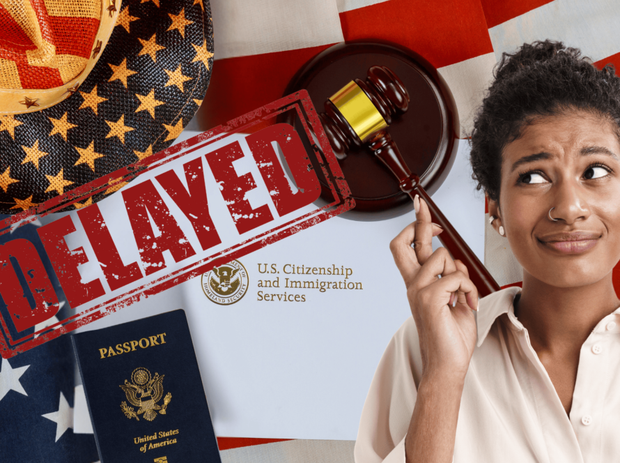 An image showcasing a frustrated woman looking thoughtful, with an immigration-themed backdrop including a gavel, a U.S. passport, the U.S. flag, and a 'DELAYED' stamp prominently displayed. The design conveys the challenges of immigration processing delays.