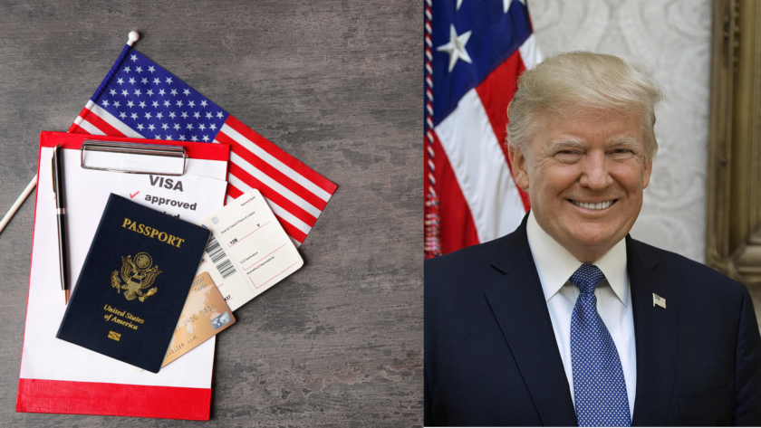 A collage featuring a U.S. visa approval document with a passport, boarding pass, and American flag on the left, and a smiling Caucasian man, in a suit standing before a U.S. flag on the right.