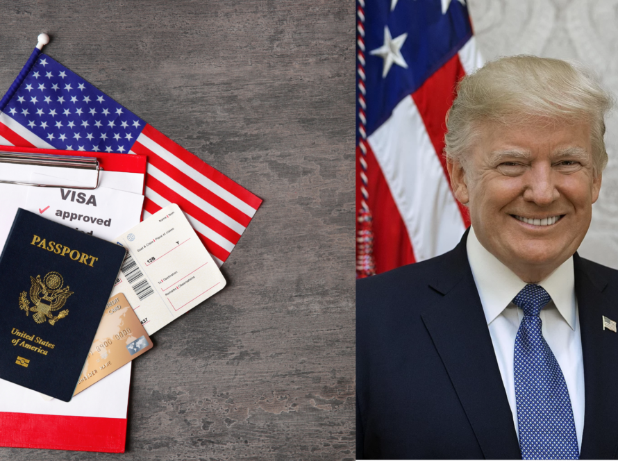 A collage featuring a U.S. visa approval document with a passport, boarding pass, and American flag on the left, and a smiling Caucasian man, in a suit standing before a U.S. flag on the right.