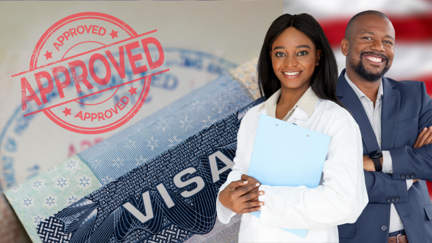 A composite image showing a U.S. visa with an "Approved" stamp overlay and two smiling professionals, a woman in a lab coat holding a clipboard and a man in a suit, standing confidently against the backdrop of the American flag.