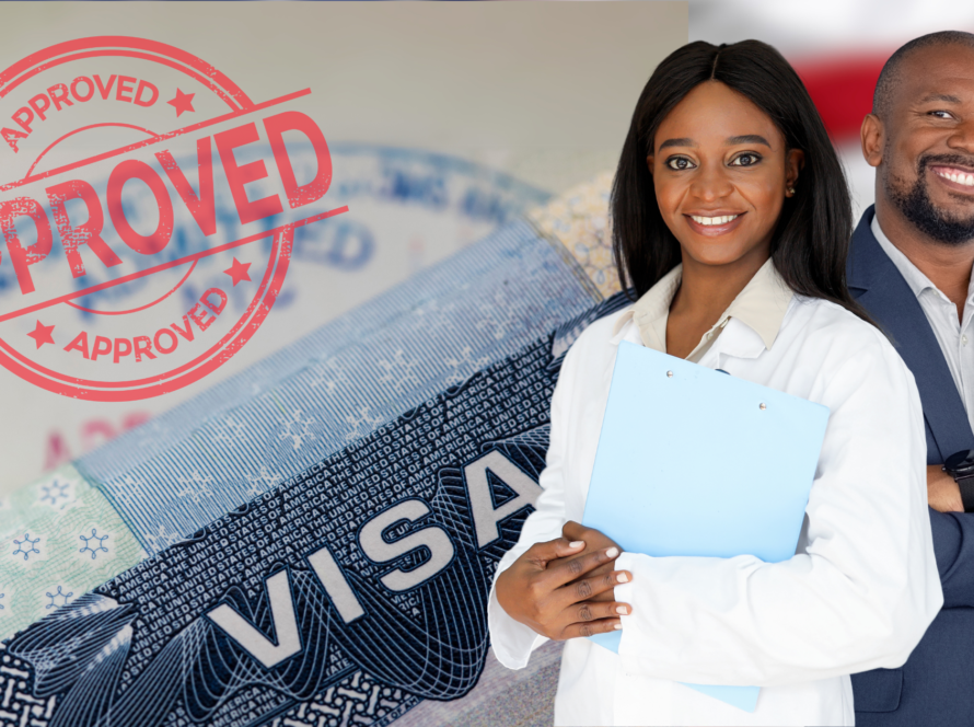 A composite image showing a U.S. visa with an "Approved" stamp overlay and two smiling professionals, a woman in a lab coat holding a clipboard and a man in a suit, standing confidently against the backdrop of the American flag.