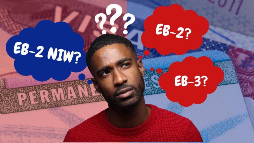 A thoughtful man in a red sweater with question marks and thought bubbles labeled "EB-2 NIW?", "EB-2?", and "EB-3?" against a backdrop of visa and permanent resident card imagery.