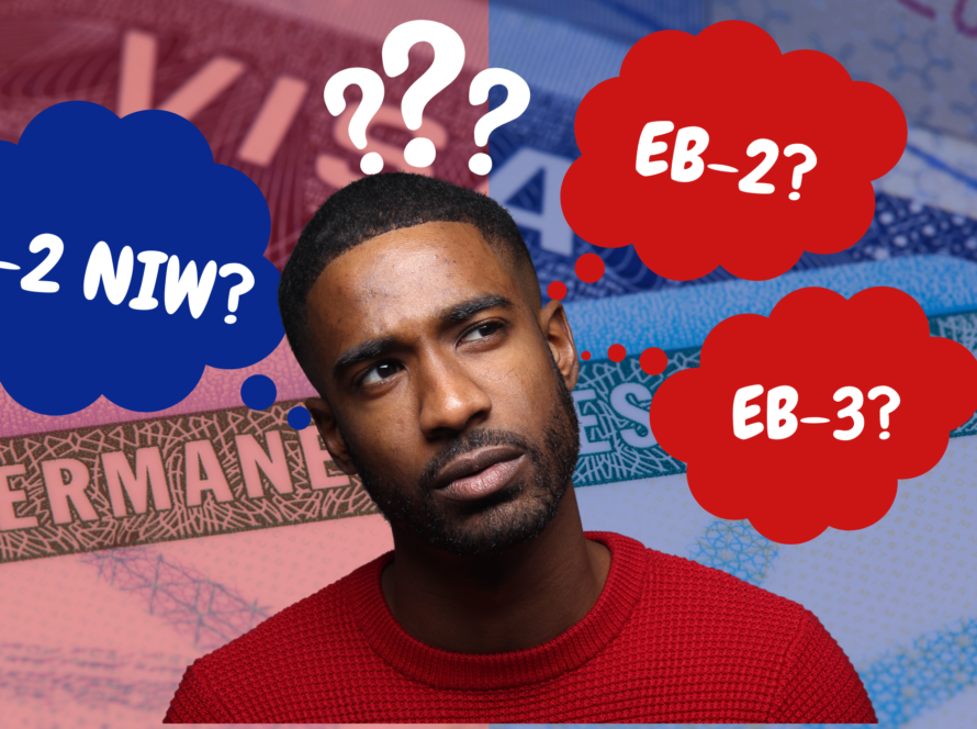 A thoughtful man in a red sweater with question marks and thought bubbles labeled "EB-2 NIW?", "EB-2?", and "EB-3?" against a backdrop of visa and permanent resident card imagery.