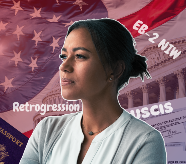 A confident woman gazes forward with an American flag, a government building, and passports in the background. The words “EB-2 NIW,” “Retrogression,” and “USCIS” are displayed prominently, alongside a visa application form.