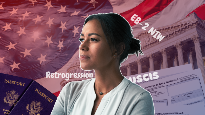 A confident woman gazes forward with an American flag, a government building, and passports in the background. The words “EB-2 NIW,” “Retrogression,” and “USCIS” are displayed prominently, alongside a visa application form.