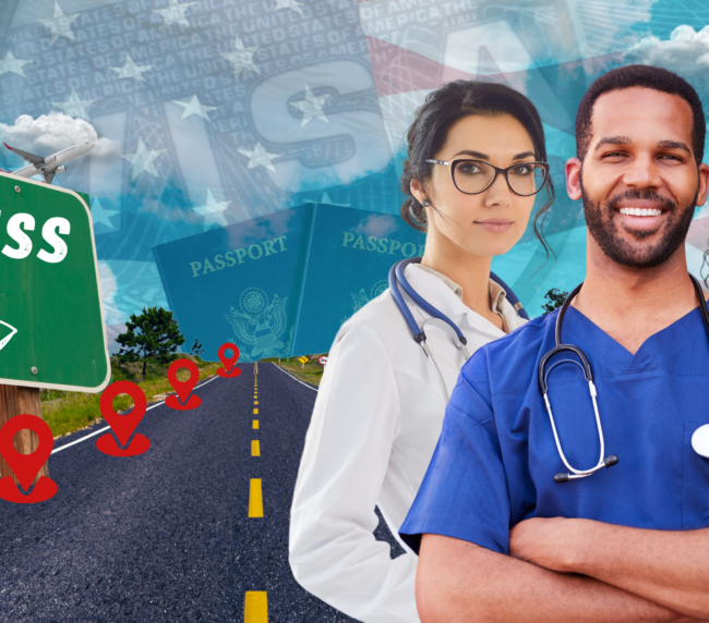 Three confident healthcare professionals stand in the foreground of a road leading to a green sign that says “SUCCESS here.” A series of red location markers line the road, with blue U.S. passports, an airplane, and an American flag in the background.