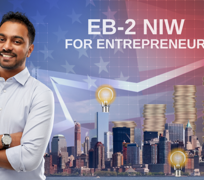 A confident entrepreneur stands with his arms crossed in front of a city skyline. Behind him, rising stacks of gold coins and glowing light bulbs represent growth and innovation. The text reads “EB-2 NIW FOR ENTREPRENEURS.”