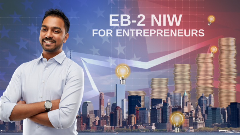 A confident entrepreneur stands with his arms crossed in front of a city skyline. Behind him, rising stacks of gold coins and glowing light bulbs represent growth and innovation. The text reads “EB-2 NIW FOR ENTREPRENEURS.”