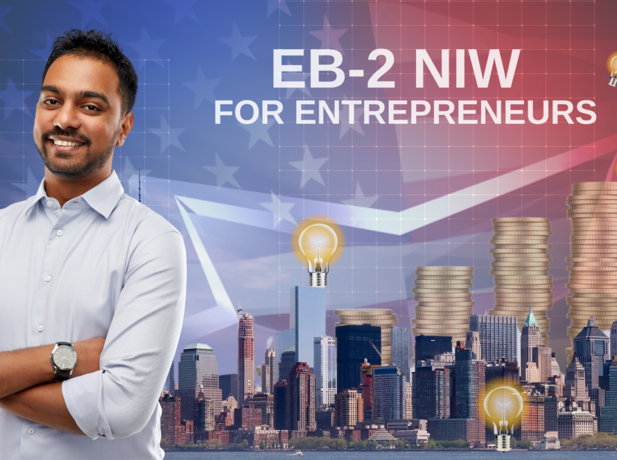 A confident entrepreneur stands with his arms crossed in front of a city skyline. Behind him, rising stacks of gold coins and glowing light bulbs represent growth and innovation. The text reads “EB-2 NIW FOR ENTREPRENEURS.”