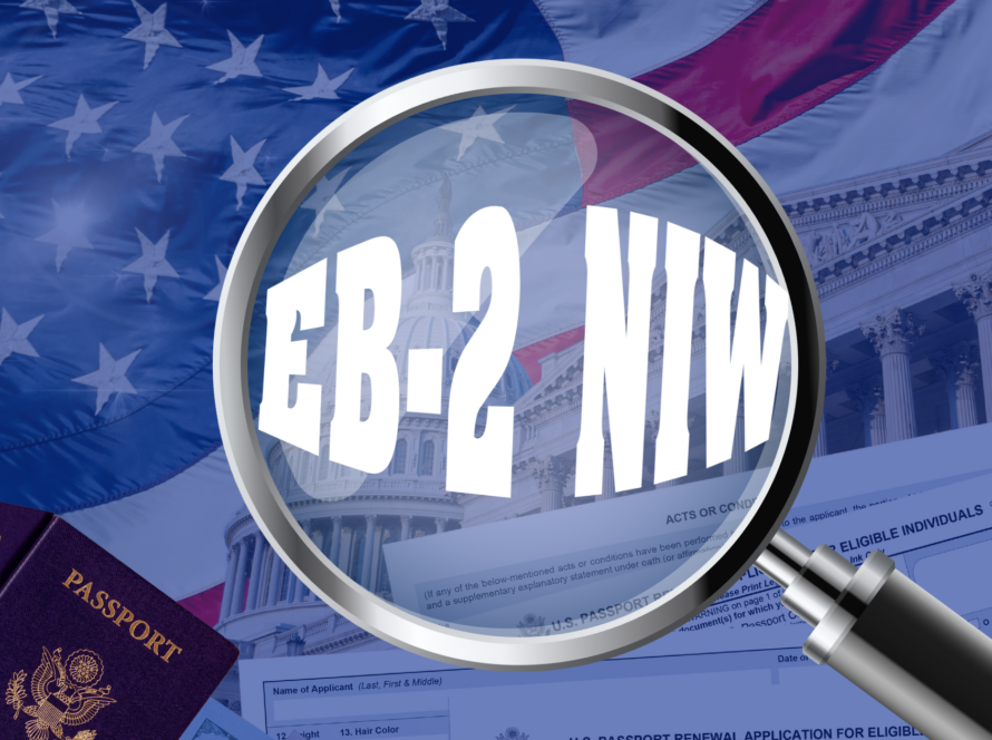 A magnifying glass highlighting "EB-2 NIW" over a backdrop of the American flag, U.S. Capitol building, passport covers, and immigration forms.