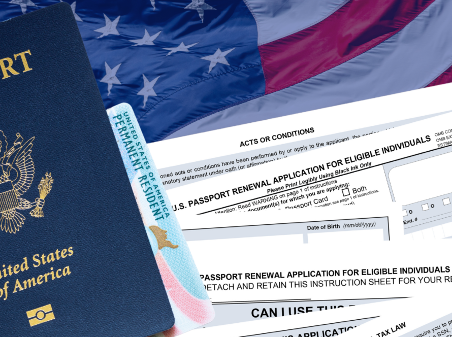 A composition featuring a United States passport, a permanent resident card, and U.S. passport renewal application forms, placed against an American flag backdrop.