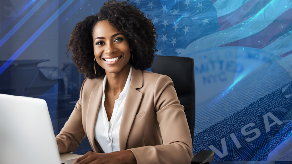 A professional woman in a beige blazer and white blouse sits at a desk with a laptop, smiling confidently. The background features a stylized blue design incorporating the American flag and a U.S. visa document.