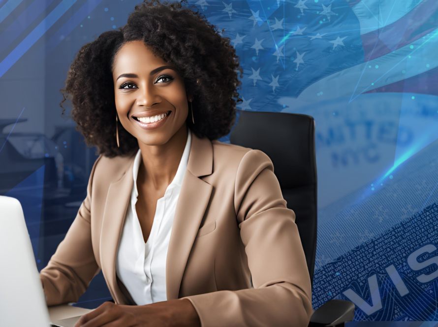 A female US Immigration Consultant in a beige blazer and white blouse sits at a desk with a laptop, smiling confidently. The background features a stylized blue design incorporating the American flag and a U.S. visa document.