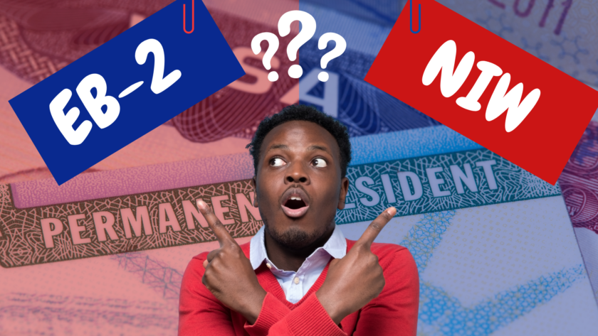 Man looking confused with arms crossed and pointing in opposite directions toward "EB-2" and "NIW" (EB2 NIW visa) options, with a U.S. permanent resident card in the background.