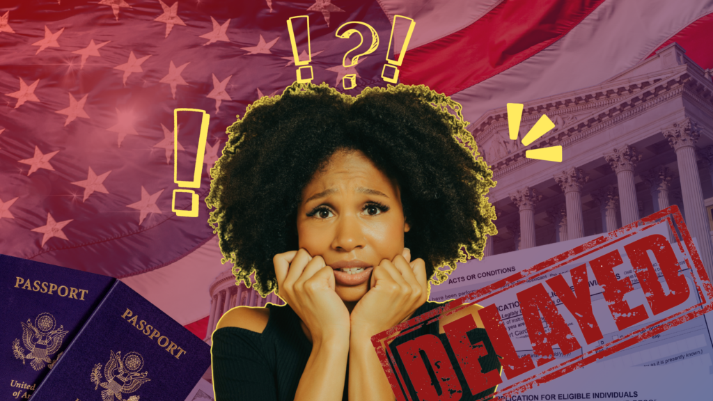 Worried woman with hands on face surrounded by U.S. immigration symbols, passports, a "DELAYED" stamp, and exclamation marks, against a backdrop of the American flag and a government building, indicating receipt of a Request For Evidence (RFE)