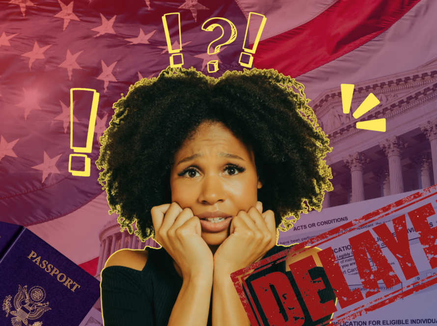 Worried woman with hands on face surrounded by U.S. immigration symbols, passports, a "DELAYED" stamp, and exclamation marks, against a backdrop of the American flag and a government building, indicating receipt of a Request For Evidence (RFE)