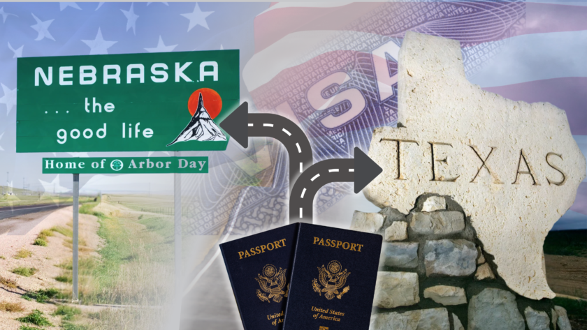 A comparison image showing signs for Nebraska and Texas with directional arrows, U.S. passports, and a U.S. visa background, representing EB2 NIW Nebraska Vs Texas immigration filing options.
