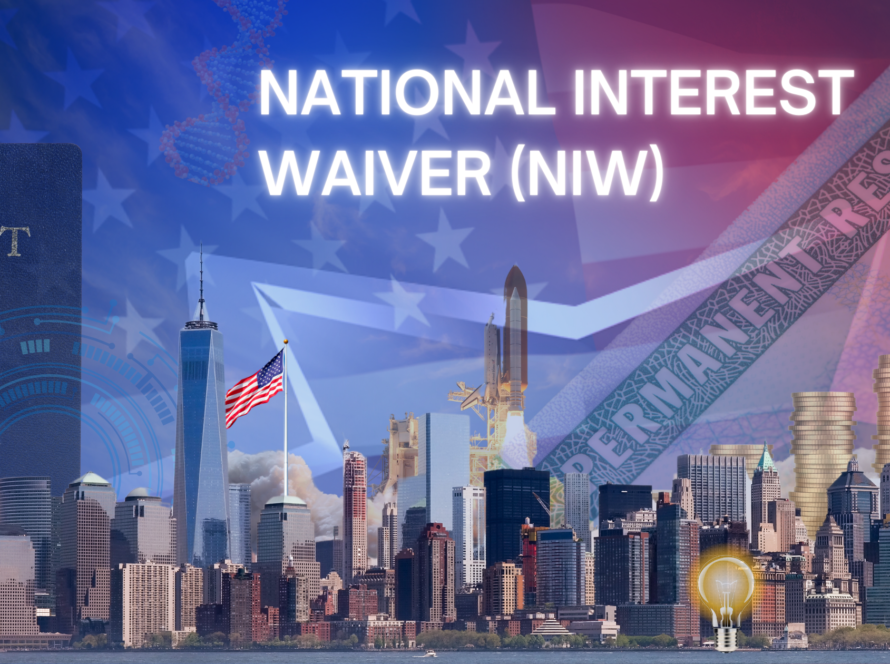 National Interest Waiver (NIW) concept with U.S. passport, city skyline, American flag, rocket launch, and permanent resident card background. Answering the Question, How do you qualify for Natonal Interest Waiver