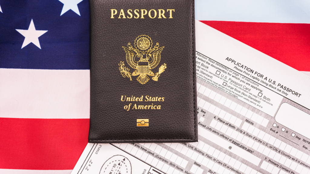 U.S. passport with application form on top of American flag background. Indicating EB2 NIW Requirement.
